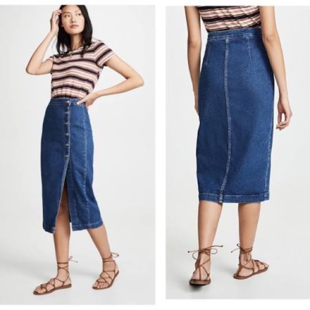 Denim Button-Front Midi Skirt - Blue